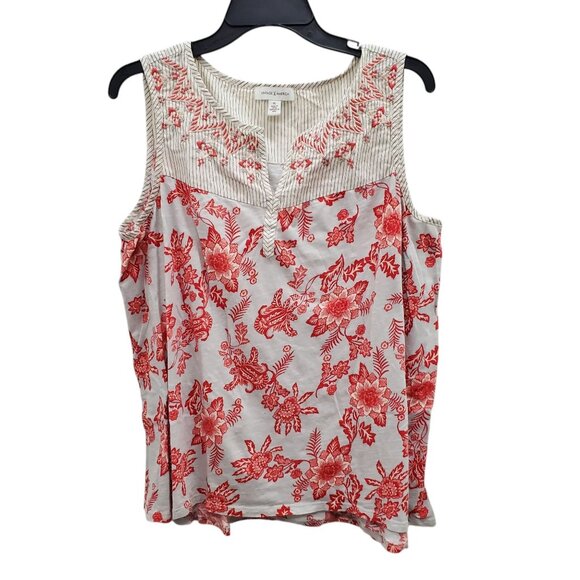 Vintage America Women's Beige Red Mixed Media Print Embroidered Boho Tank Sz XL - Picture 1 of 8